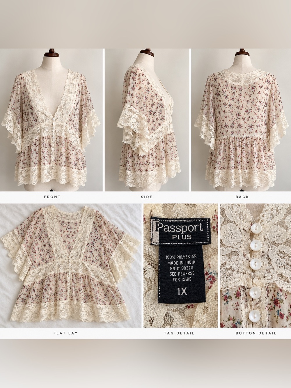 Passport Plus Vintage Y2K Ditsy Floral Lace Babydoll Blouse Top - 1X
